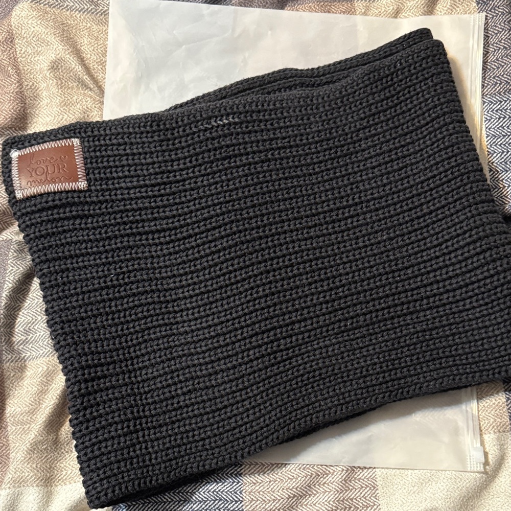 Love Your Melon Black Knit Scarf with Brown Leather Patch